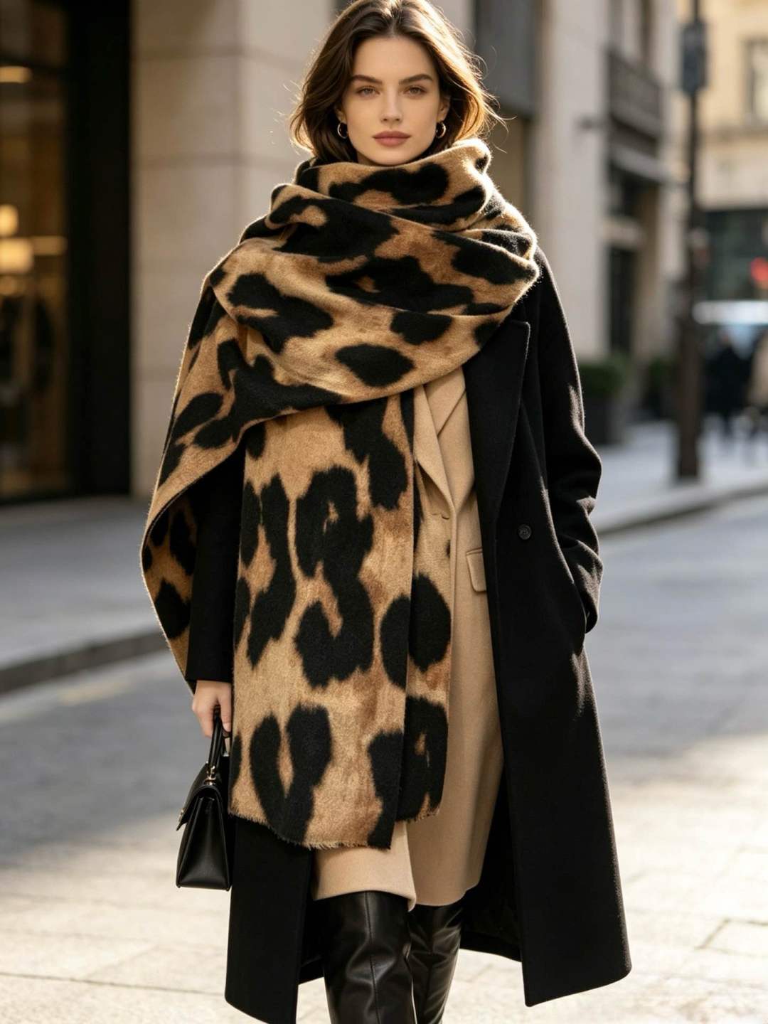 Women's Oversized Long Scarf With Leopard Print Camel