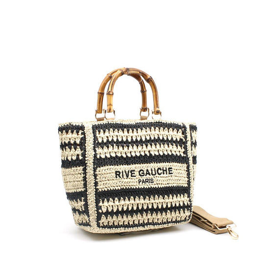 Woven Paper Tote Bag With Rive Gauche Handles- Beige-Marron