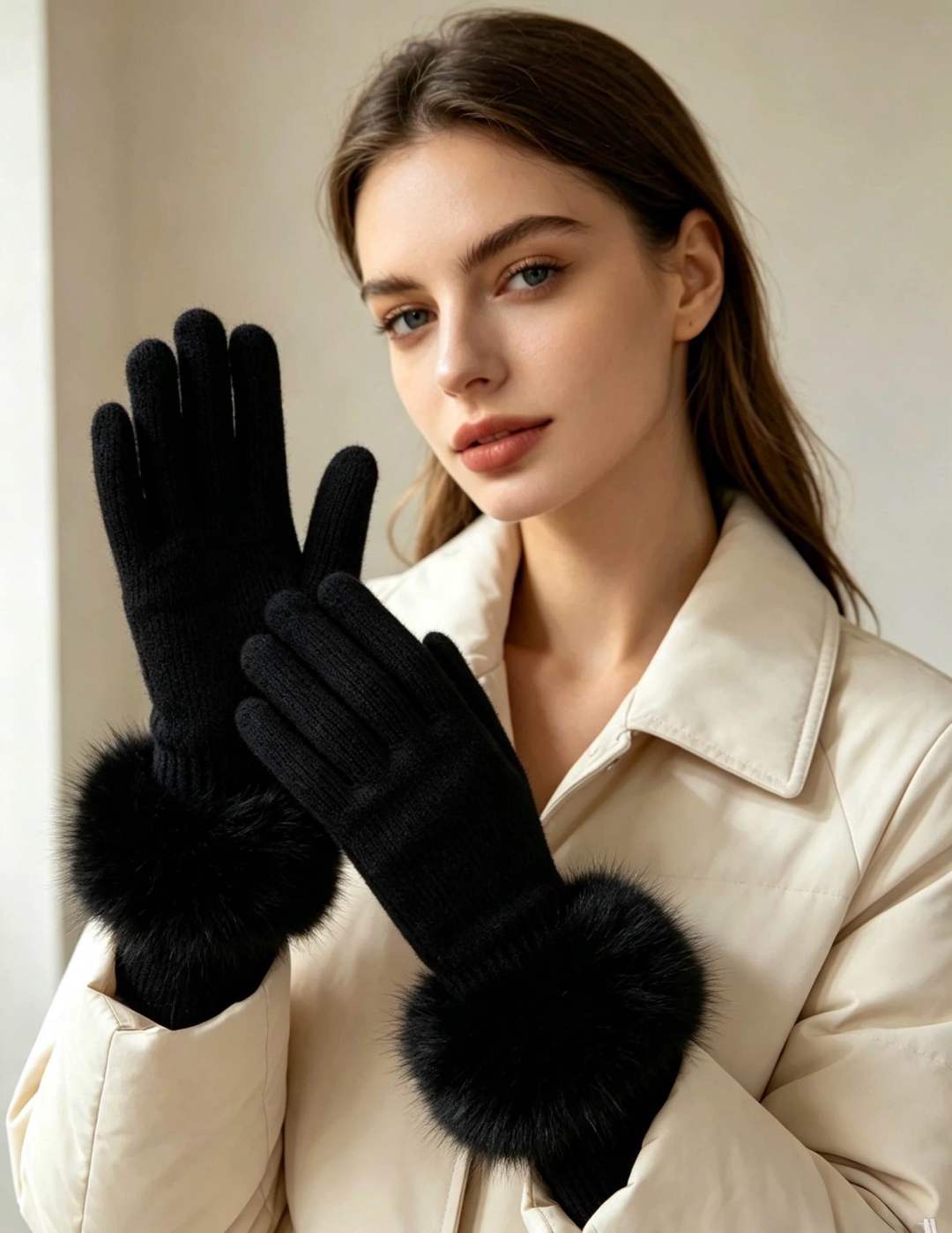 Women's Knitted Gloves With Faux Fur Trim Black