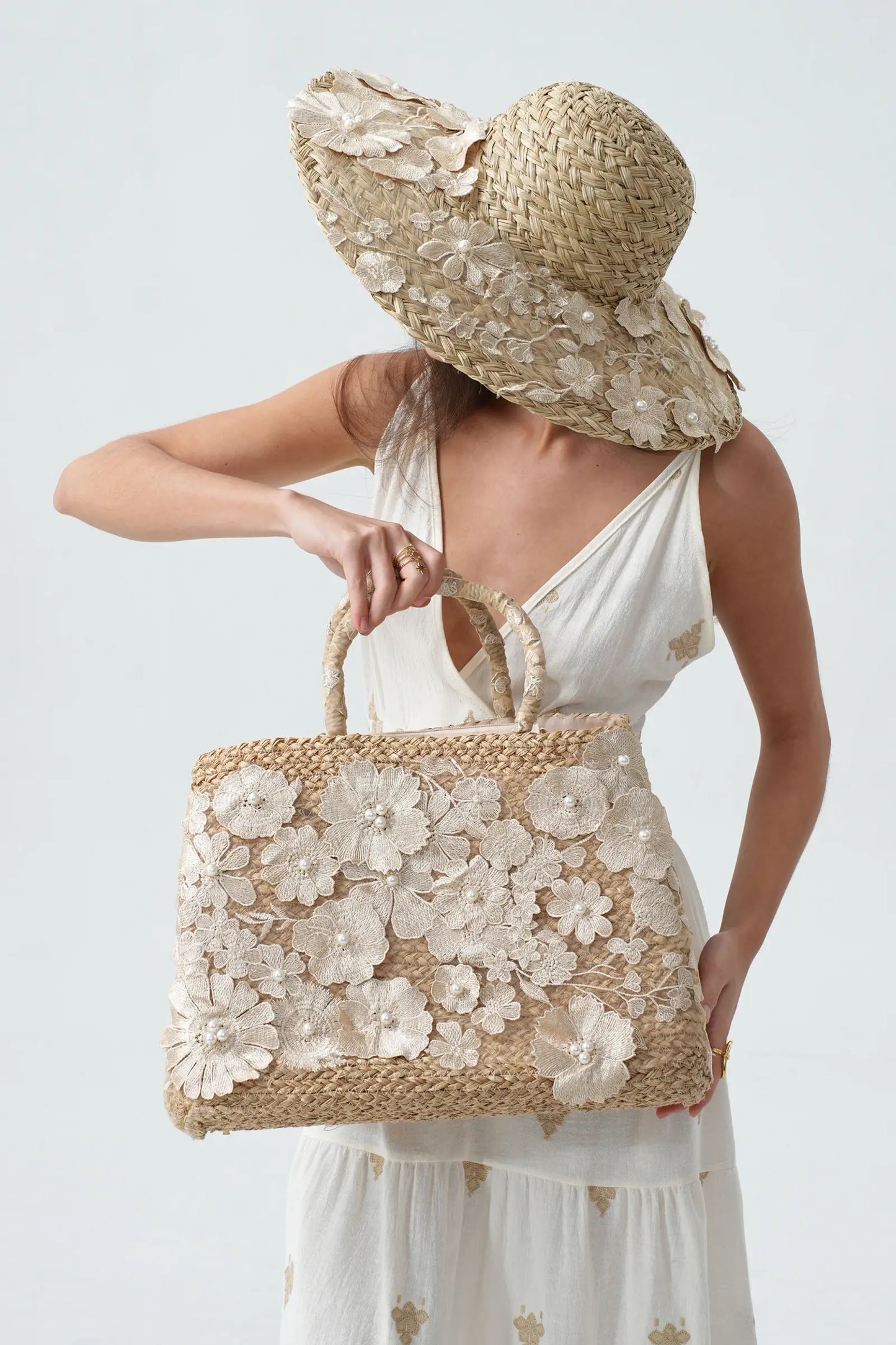 Straw Tote Bag With Floral Lace And Pearls White