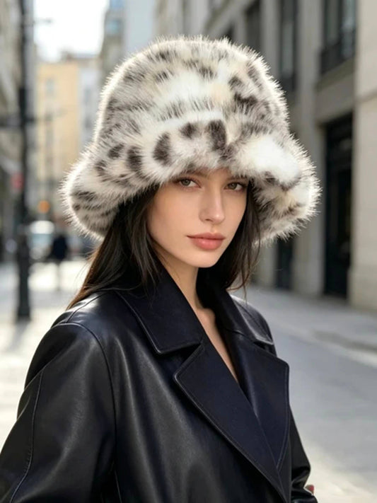 Faux Fur Leopard Print Bucket Hat Camel
