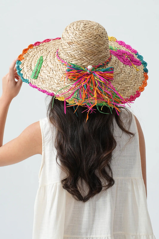 Embroidered Straw Hat With Bow Tie Multicoloured