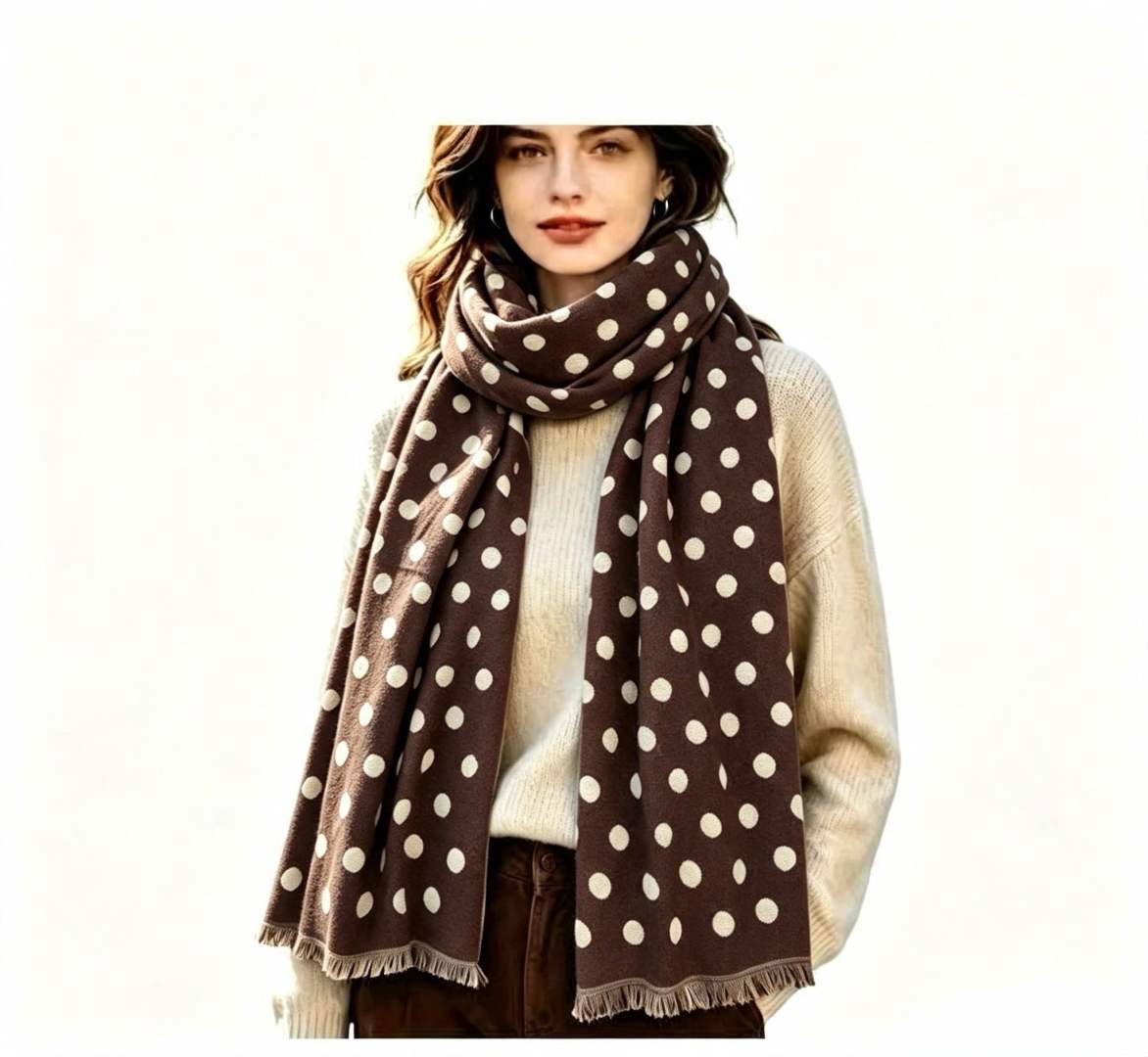 Polka Dot Viscose Scarf With Fine Fringes Coffee