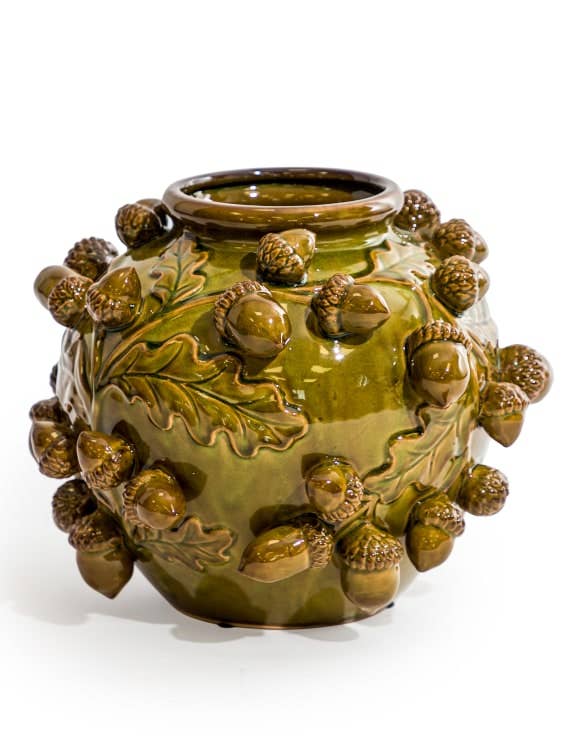 Crackle Oak Green Multi Acorn Ceramic Vase