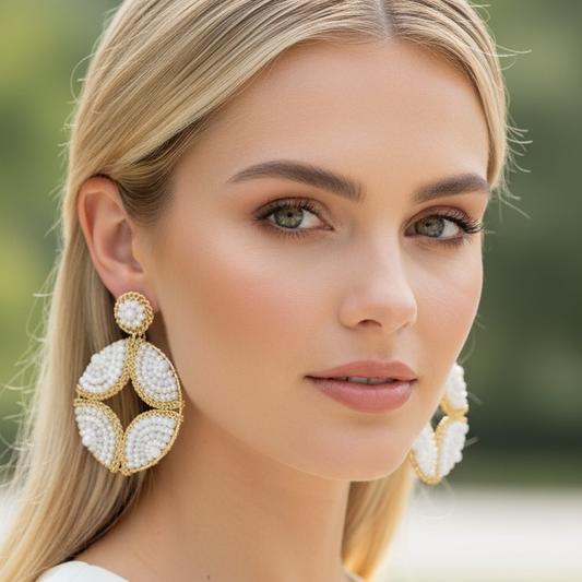 White & Gold Round Handmade Earrings