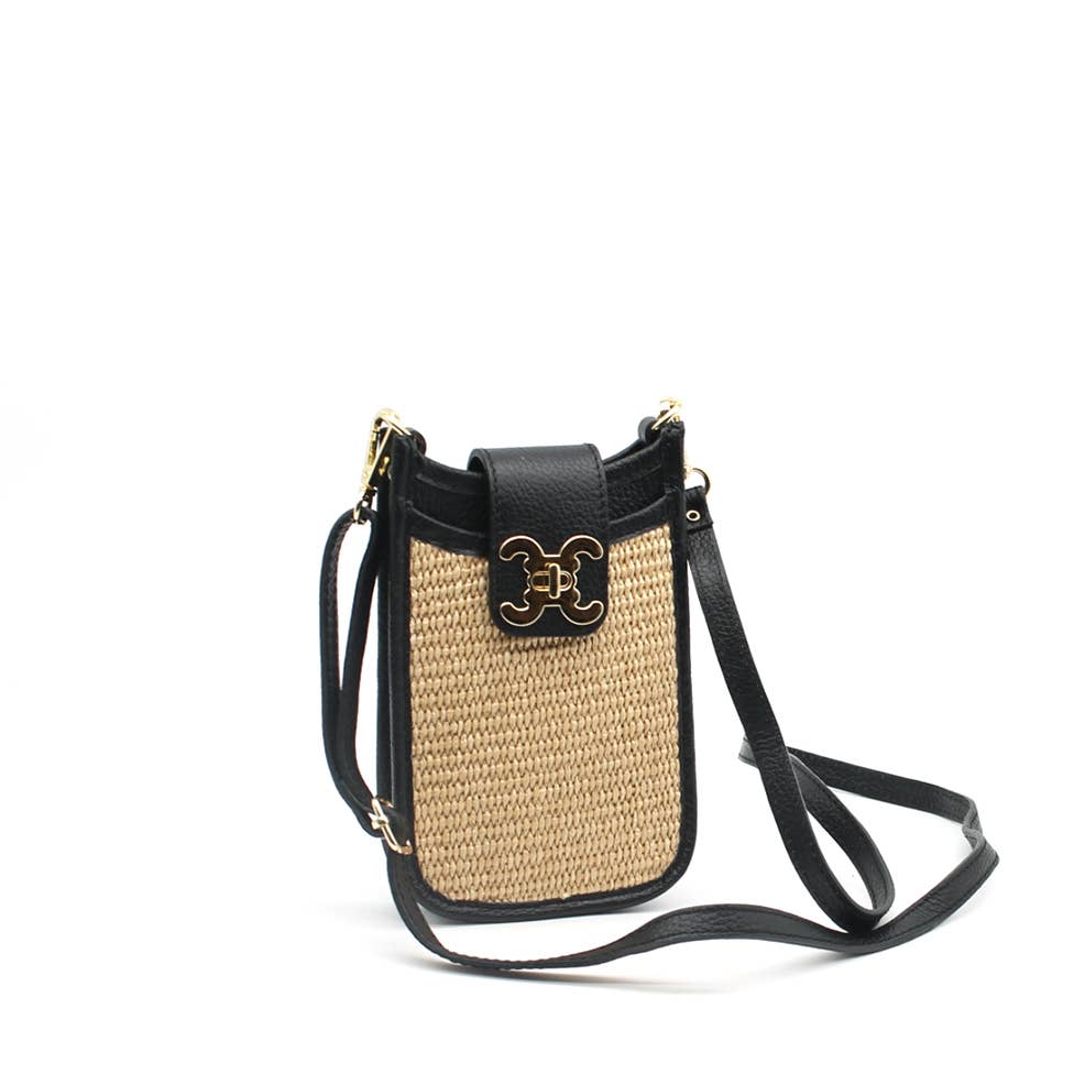 Braided Leather Cross Body Phone Pouch Bag (Black)