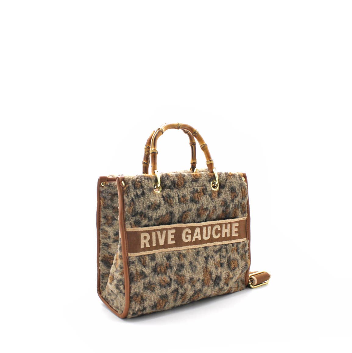 Leopard Quilted Handbag With Bamboo Handles- Camel