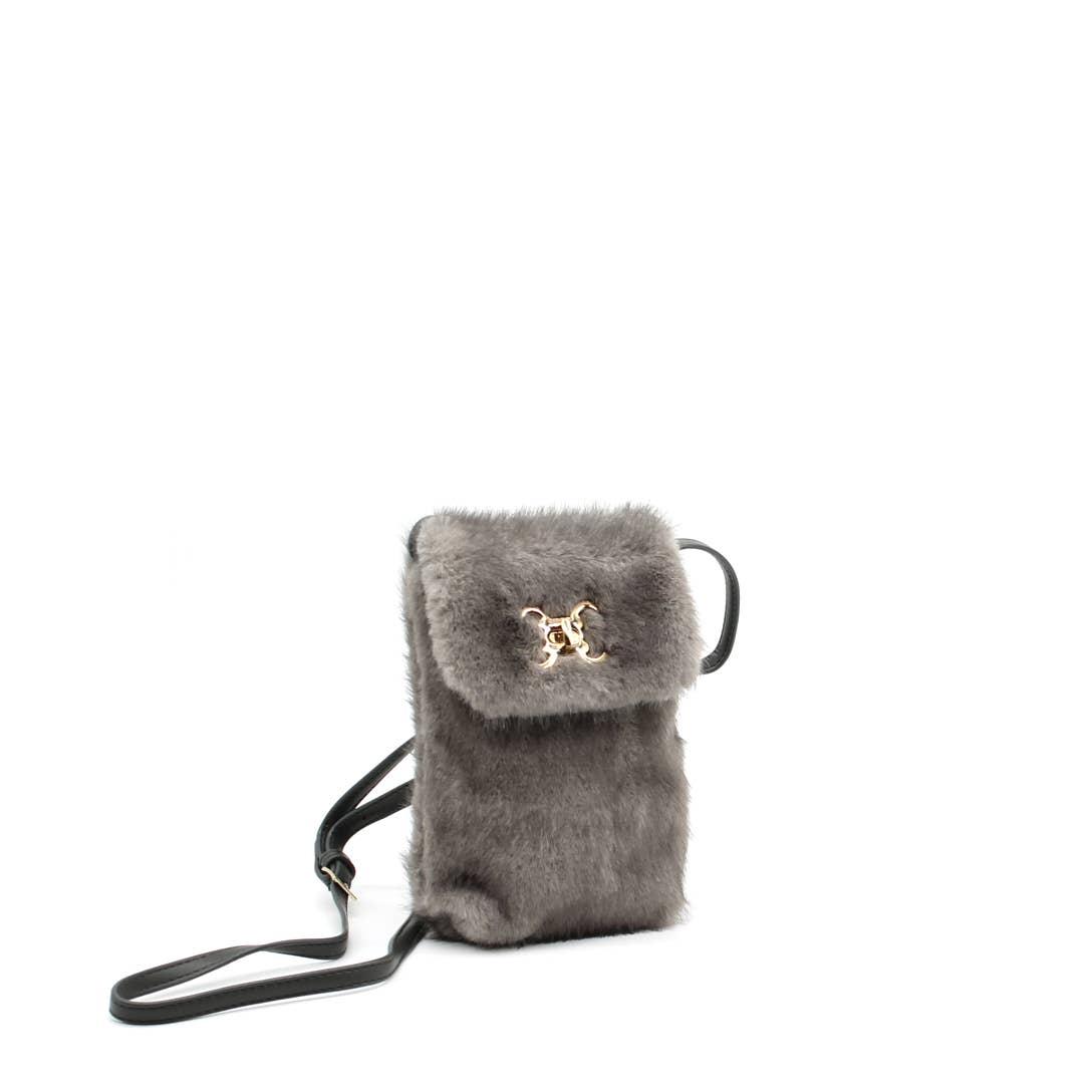 Mini Fur Crossbody Bag With CC Clasp-Grey
