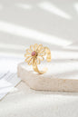 Openwork flower ring, gold-plated steel, elegant colored stone: Lilas