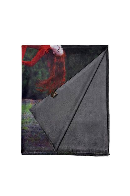 Ethereal Woman Print Wool Frayed Scarf-Charcoal