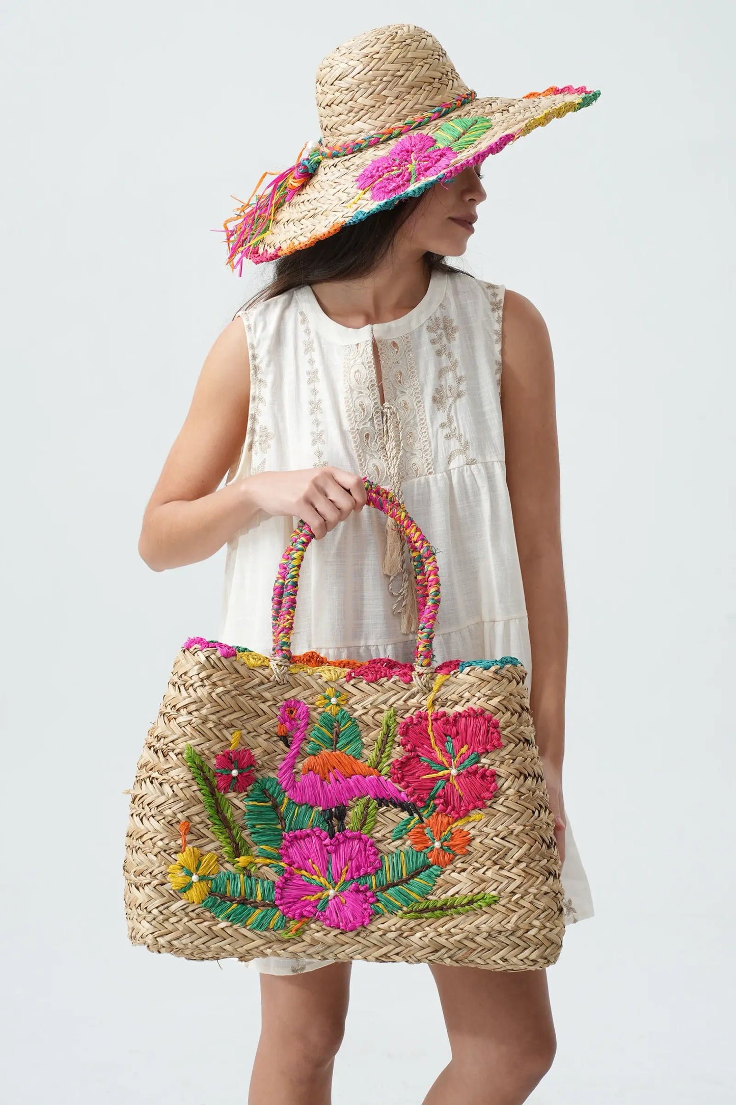 Embroidered Straw Tote Bag with Flamingo and Flowers Multicoloured