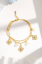 Chic gold double-wrap stainless steel bracelet with clover and pearl
