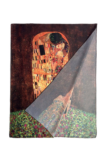 Klimt 'The Kiss' Painting Print Silk Mix Scarf-Brown