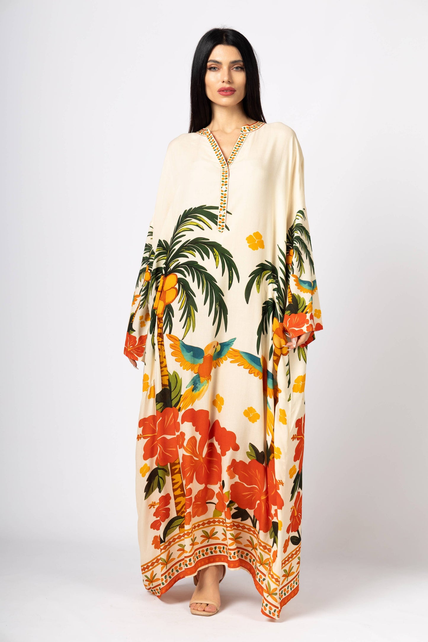 Exotic Sunset & Parrot Long-Sleeve Kaftan (One Size)