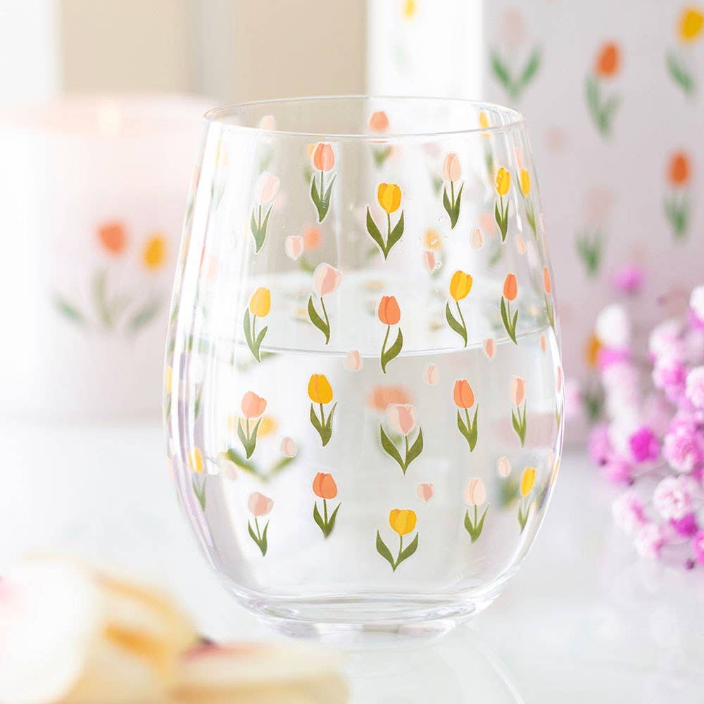 Spring Tulip Print Stemless Glass