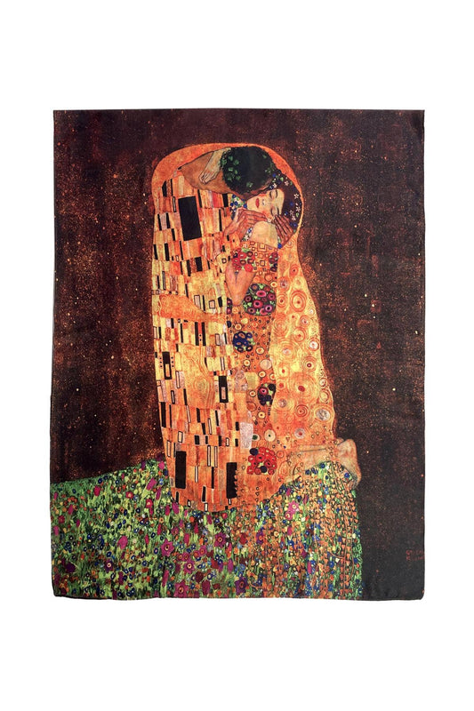 Klimt 'The Kiss' Painting Print Silk Mix Scarf-Brown