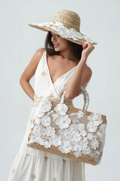 Straw Tote Bag With Floral Lace And Pearls White