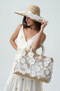 Straw Tote Bag With Floral Lace And Pearls White