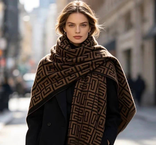 Wraparound Scarf With Geometric Patterns Brown