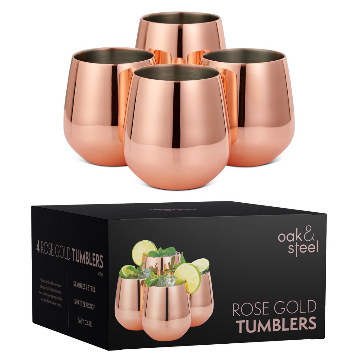Rose Gold Wine Stemless Tumblers Gift Set With Straws, X 4