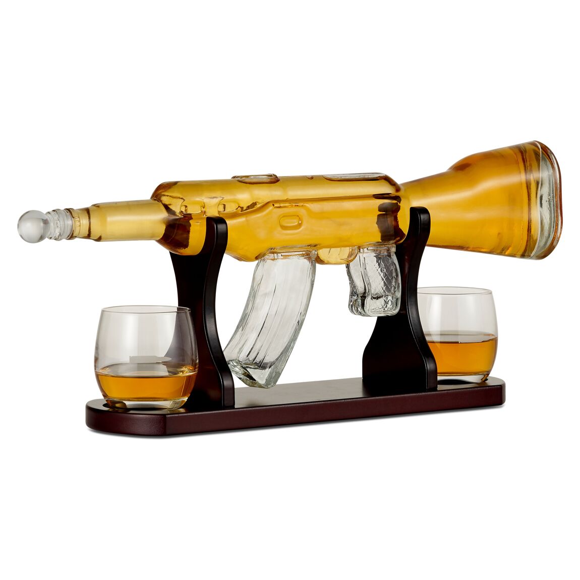 Whiskey Gun Glass Decanter Set With Carved Wooden Stand, Bourbon Scotch Rifle