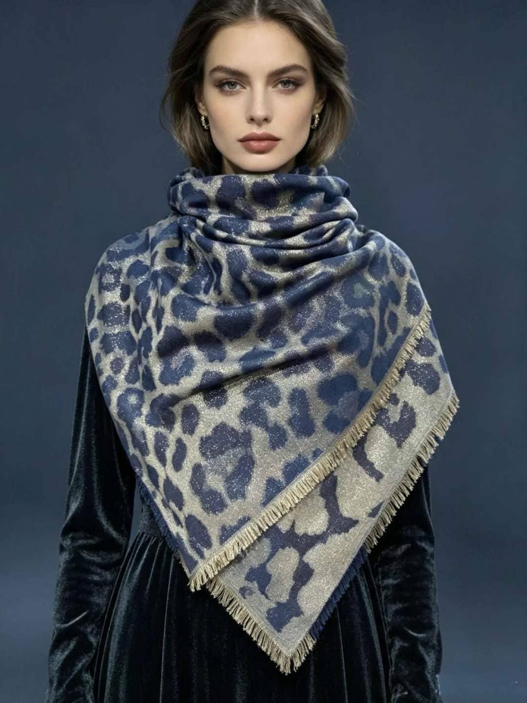 Gold Lamé Leopard Square Shawl Navy