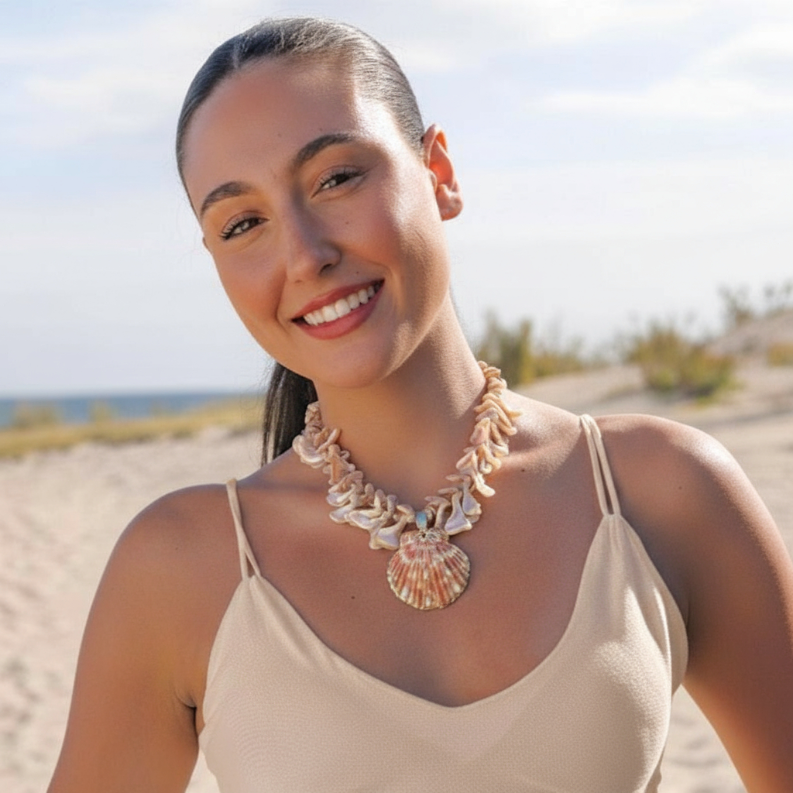 Chunky Coastal Shell Necklace Handmade Statement Jewelry