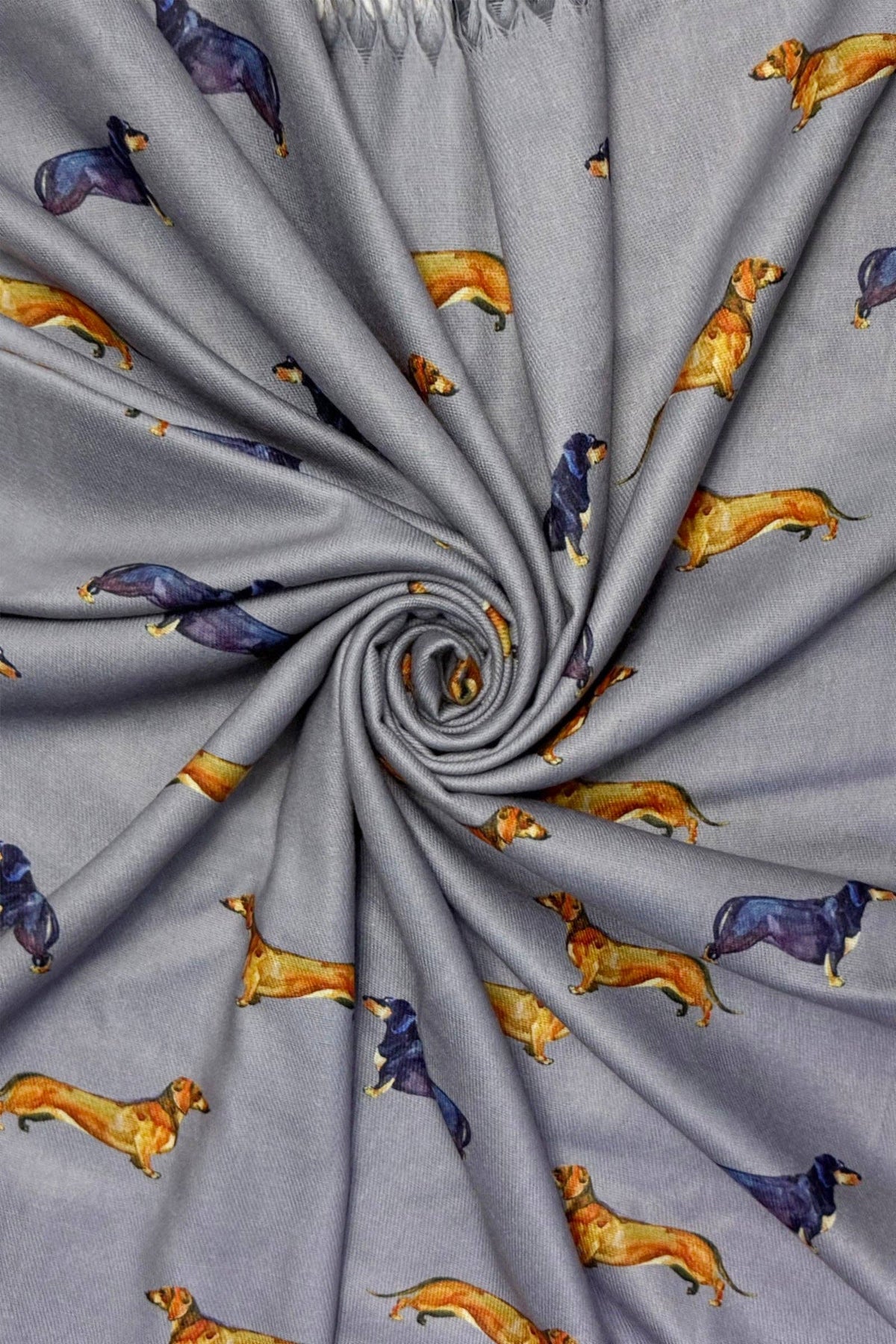 Dachshund Sausage Dog Print Tassel Scarf- Grey