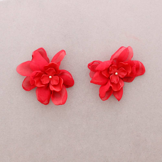 Fabric Flower Resin Earrings-Red