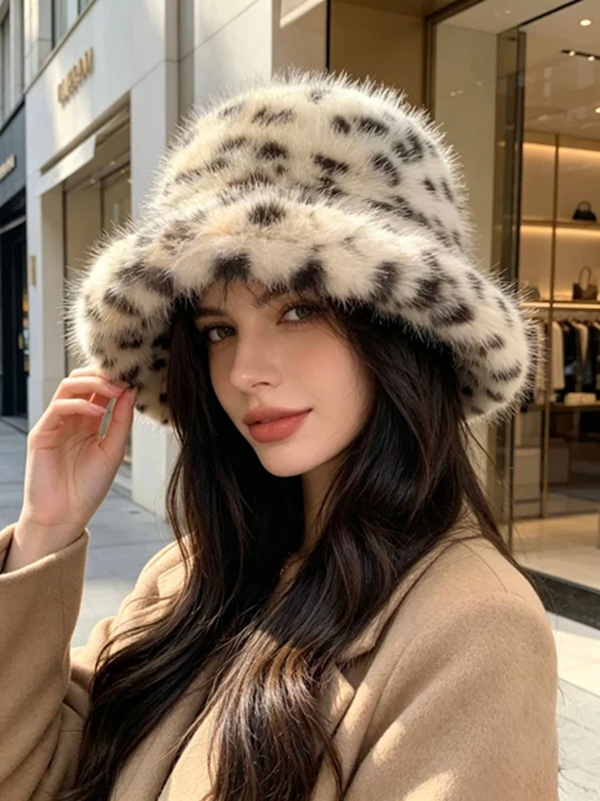 Faux Fur Leopard Print Bucket Hat Camel