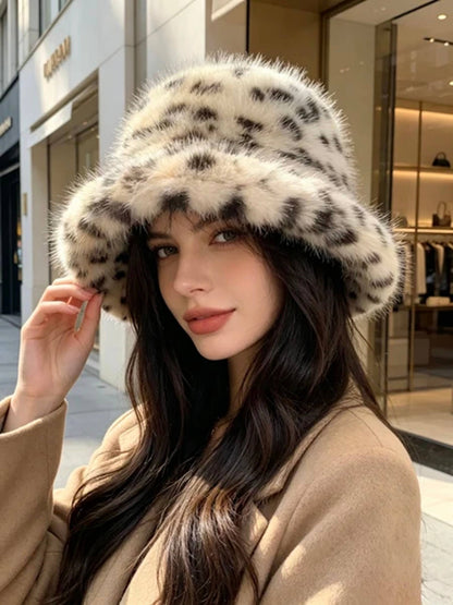 Faux Fur Leopard Print Bucket Hat Camel