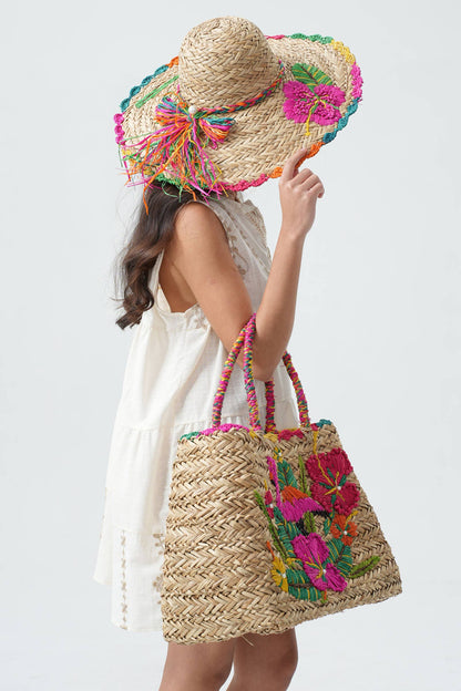 Embroidered Straw Hat With Bow Tie Multicoloured