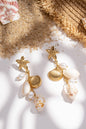 Gold star earrings, seashells, pearls, summer