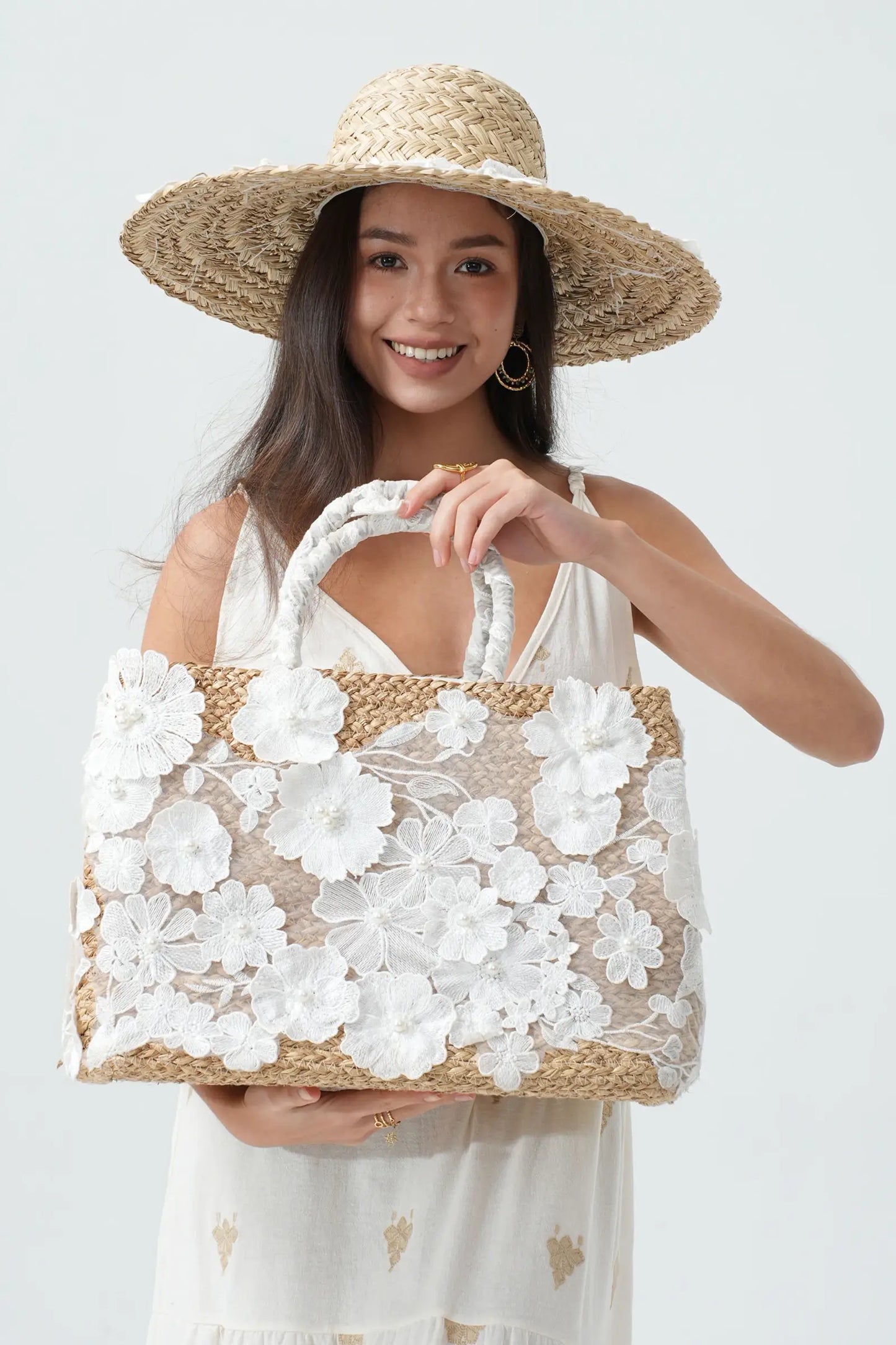 Straw Tote Bag With Floral Lace And Pearls White