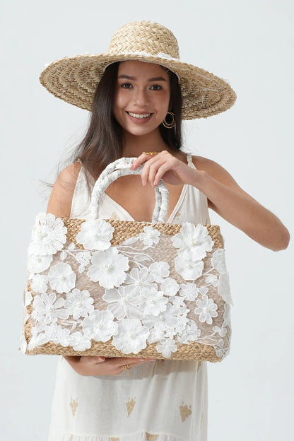 Straw Tote Bag With Floral Lace And Pearls White