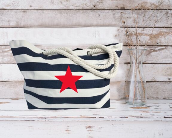 Red Star Navy Striped Nautical Beach Bag 100% Cotton Canvas Shoppers