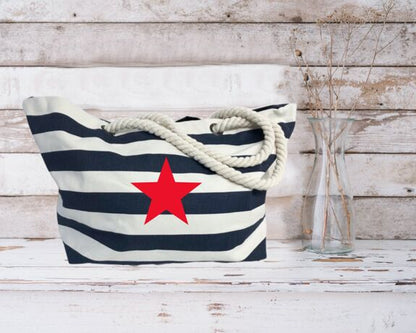 Red Star Navy Striped Nautical Beach Bag 100% Cotton Canvas Shoppers