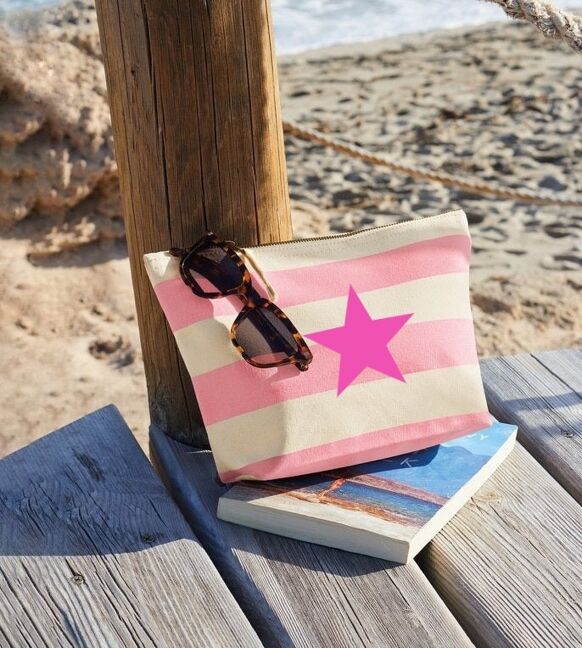Pink Star Pink Striped Nautical 100% Brushed Cotton Accessory Zip Bag