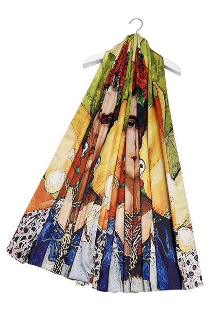 Frida-Inspired Mexican & Woodland Reversible Art Silk Scarf.