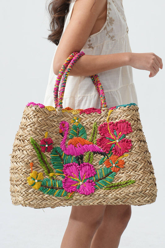 Embroidered Straw Tote Bag with Flamingo and Flowers Multicoloured