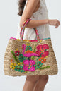 Embroidered Straw Tote Bag with Flamingo and Flowers Multicoloured