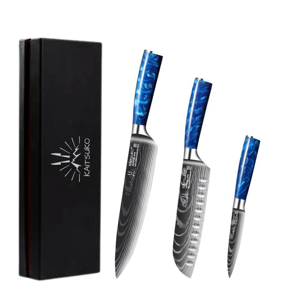 Set Of 3 Tanaka Knife Ocean Blue