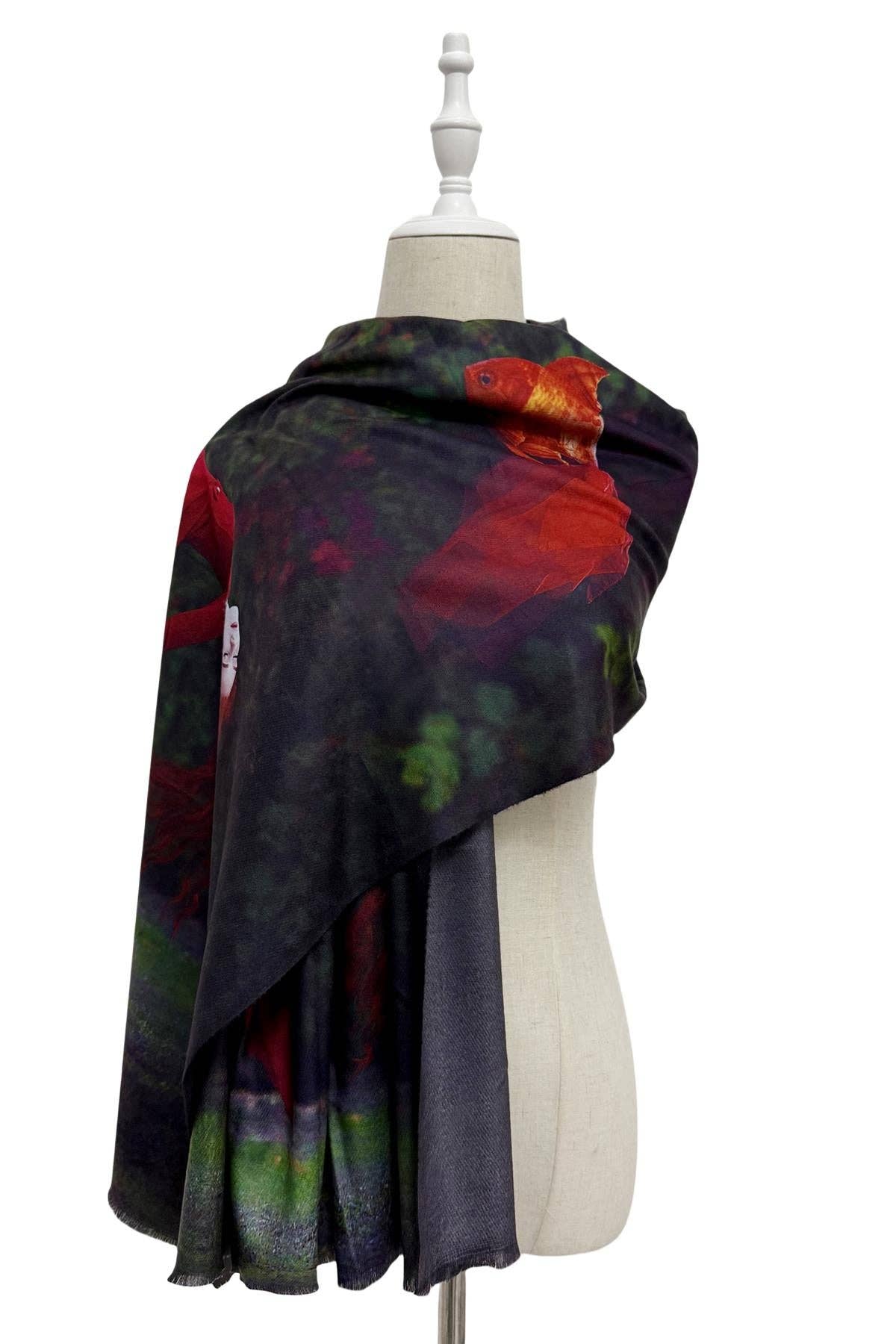 Ethereal Woman Print Wool Frayed Scarf-Charcoal
