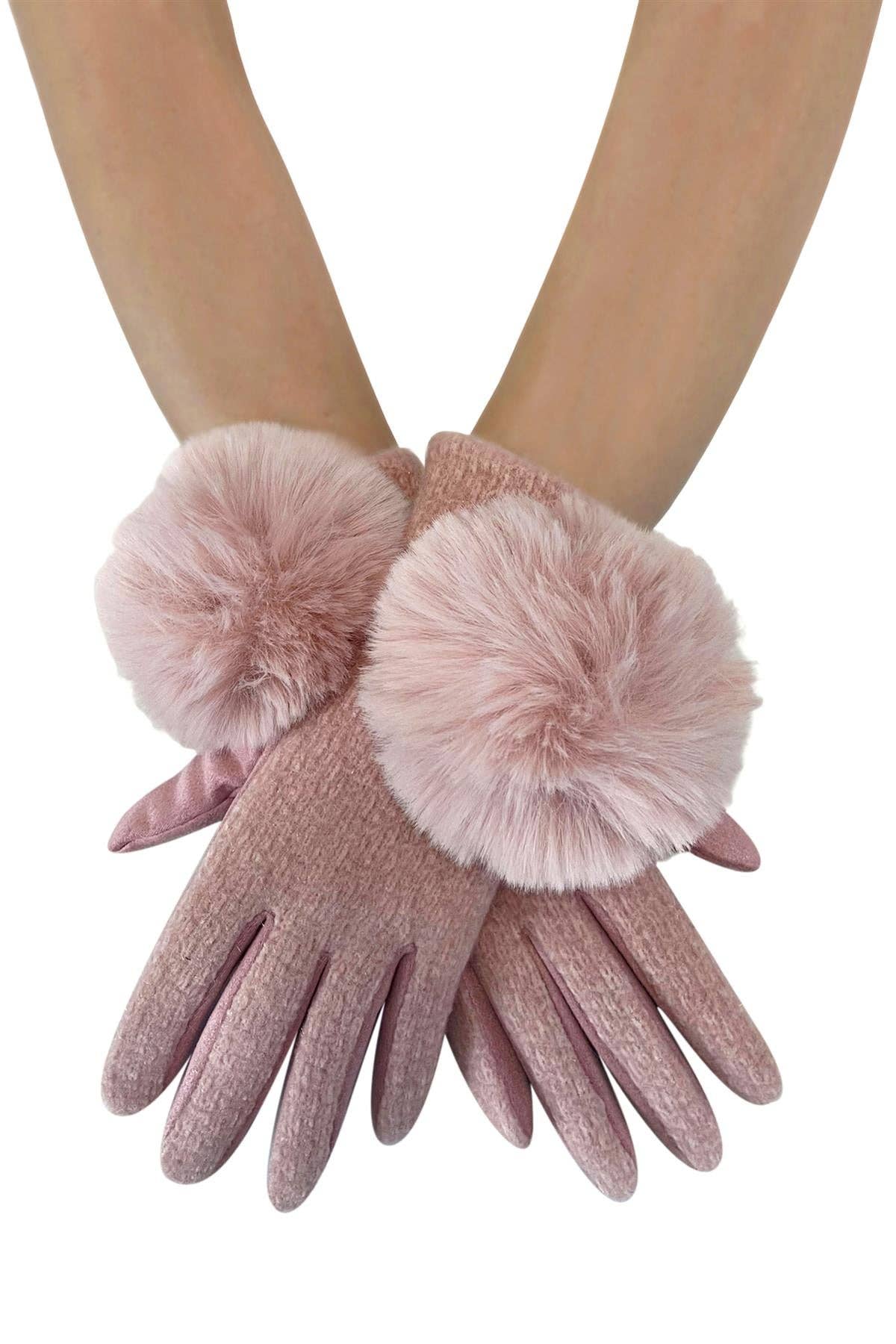 Faux Fur Pom Pom Touch Screen Gloves -Baby Pink
