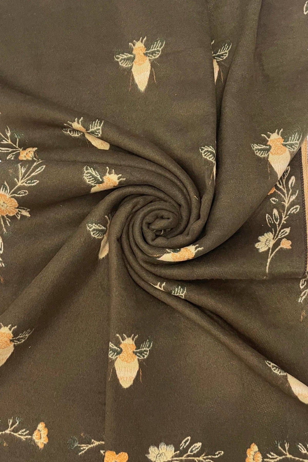 Bee & Floral Soft Woven Frayed Scarf Brown