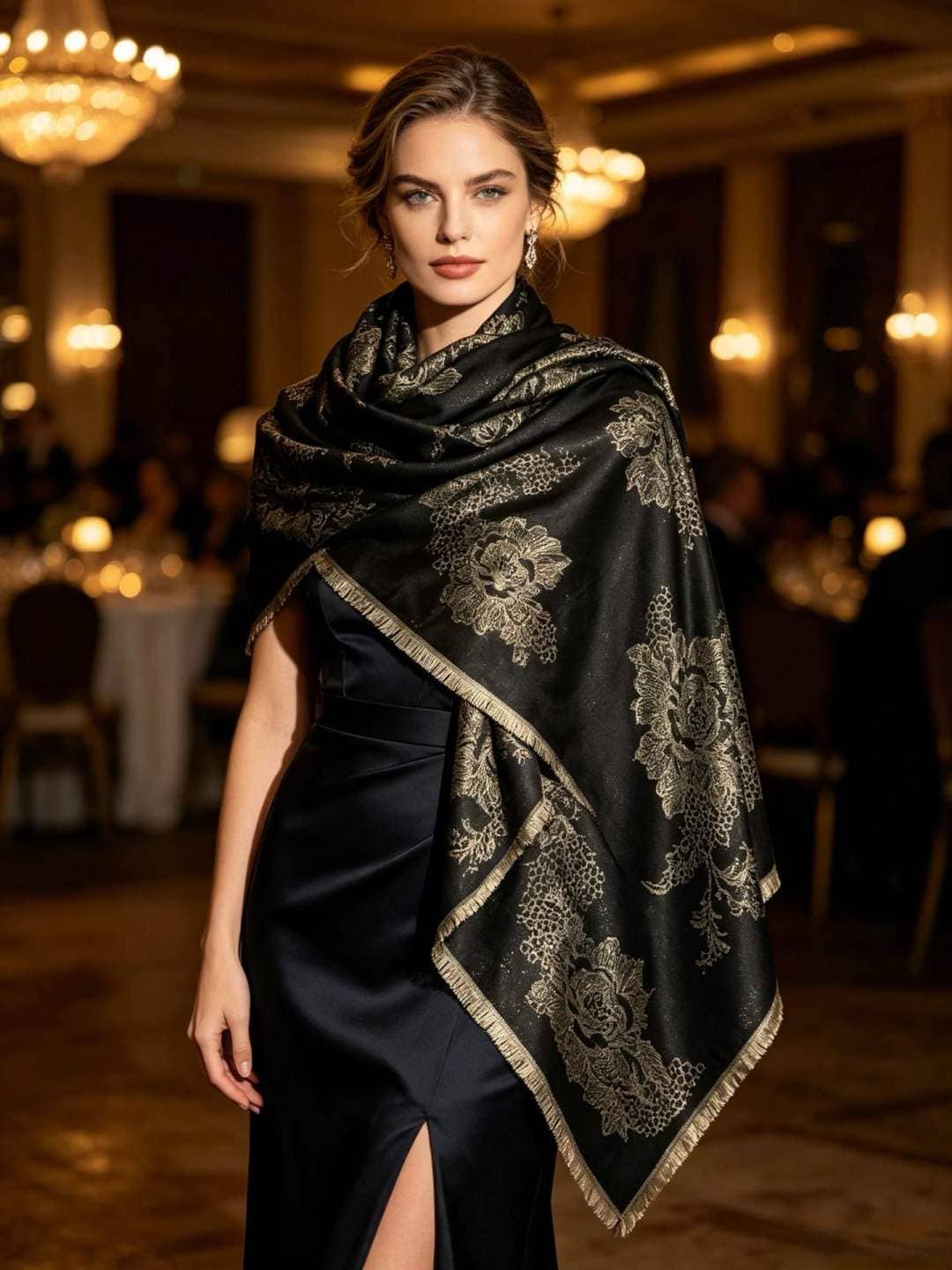 Large Square Shawl With Gold Jacquard Pattern Black
