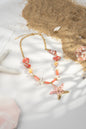 Gold seashell and starfish necklace with colorful beads — summer beach: Pink