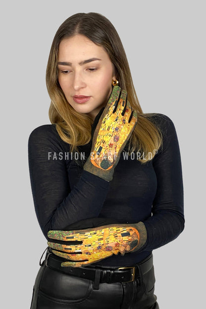 Klimt The Kiss Print Suede Touchscreen Gloves- Black