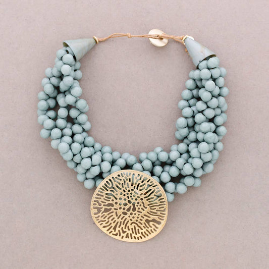 Choker Resin Beads Pendant Medal Metal Filigree- Aquamarina