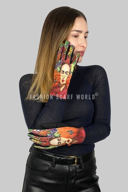 Frida-Inspired Mexican Art Print Suede Touchscreen Gloves- Black